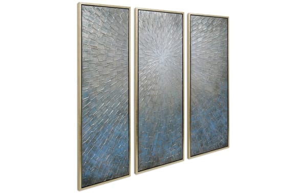 Set of 3 contemporary silver burst canvases with 3D textured abstract design, handpainted on canvas with wood and PS frames for modern wall decor.