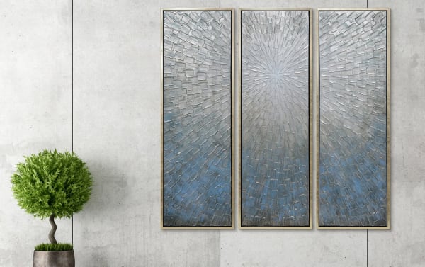 Set of 3 handpainted silver burst canvases with textured abstract design, framed in wood and PS, contemporary wall art for home decor