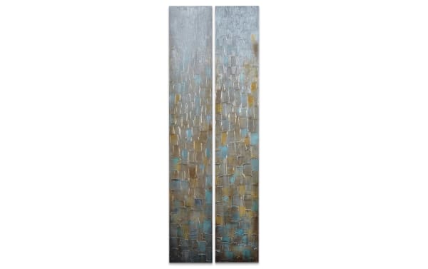 Set of 2 contemporary 100% handpainted strokes art canvases in silver multicolored jewel tones, featuring textured abstract design on canvas with PS frame and wood backing.