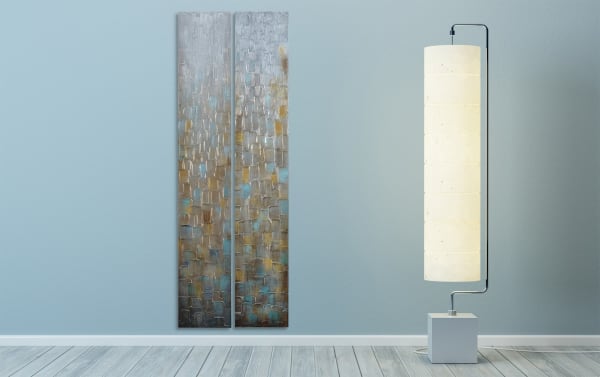 Set of 2 contemporary silver abstract handpainted canvases with jewel tones, textured strokes, wood and PS frame, 3D mixed media design.