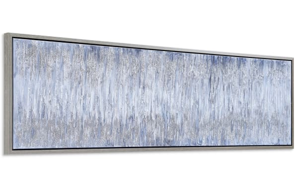 Contemporary 100% handpainted Gray Day framed art with textured silver and gray vertical strokes on canvas, set in a wood and PS frame.