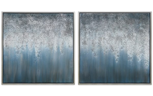 Set of 2 handpainted contemporary weather-themed art on canvas with blue, gray, and metallic tones, framed in wood and PS for textured wall decor.