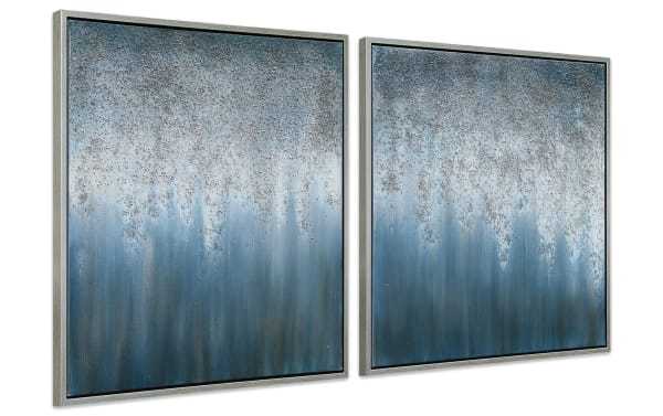 Set of 2 contemporary 100% handpainted blue abstract canvas art with textured metallic accents, wood and PS frame, perfect for modern home decor.