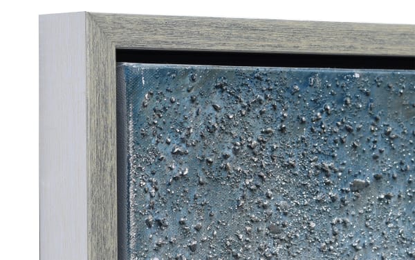 Contemporary 100% handpainted blue weather-themed framed art set of 2 with textured canvas, metallic accents, wood and PS frame.