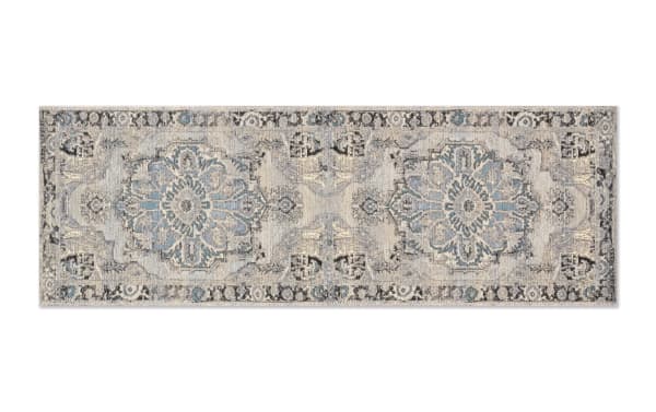 Roy 2' x 7' Gray Oriental indoor/outdoor runner rug with traditional design in gray, silver, light blue, and charcoal. Made of soft polypropylene fabric.