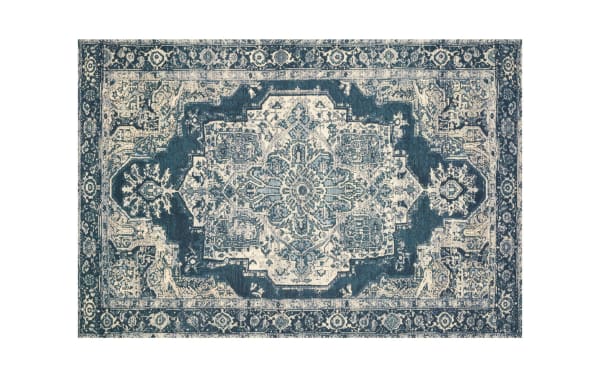 Roy 2' x 7' Navy Oriental Indoor/Outdoor Runner rug with traditional design in navy, light blue, ivory, silver. Polypropylene fabric, low pile.