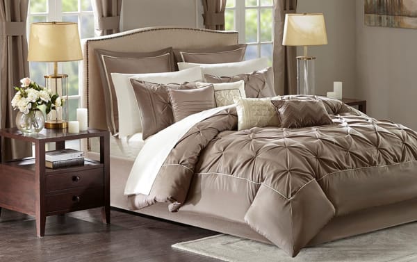 Alan Queen Taupe Solid 24 Piece Comforter Set in transitional style, featuring taupe polyester microfiber fabric with decorative stitching and matching pillows.