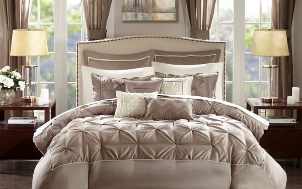 Alan Queen Taupe Solid 24 Piece Comforter Set in transitional style with taupe polyester microfiber fabric, featuring tufted comforter, multiple decorative pillows, window valances, and matching shams for a cozy bedroom makeover.
