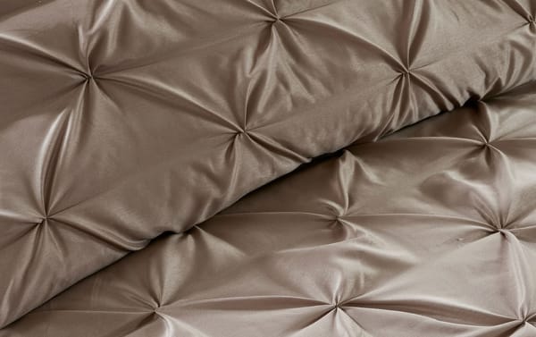Taupe transitional Alan Queen 24 Piece Comforter Set with tufted microfiber polyester fabric, featuring a soft, smooth texture and elegant stitching.