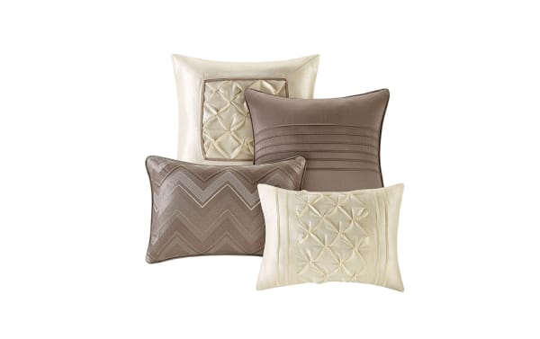 Alan Queen Taupe Solid 24 Piece Comforter Set in transitional taupe tan polyester microfiber fabric, featuring decorative pillows with pleated and tufted accents.