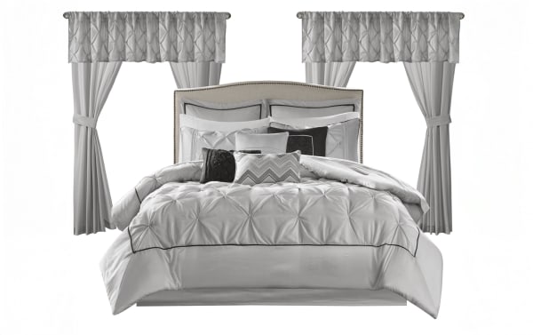 Alan Queen Gray Solid 24 Piece Comforter Set in contemporary gray polyester fabric, includes comforter, pillows, sheets, bed skirt, curtains, and valances for a complete bedroom makeover.