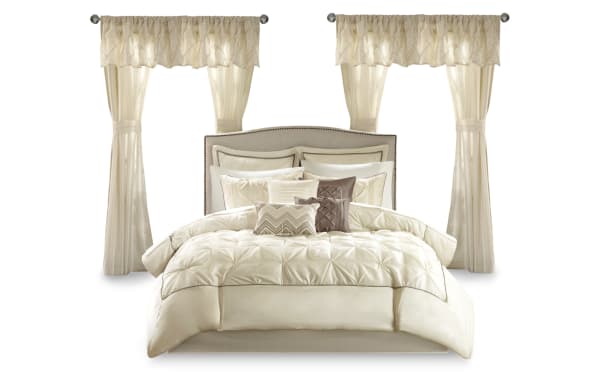 Alan Queen Ivory Solid 24 Piece Comforter Set in beige polyester fabric, featuring contemporary bedding with comforter, pillows, sheets, bed skirt, and window treatments.