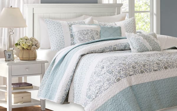 Jill Full/Queen Blue Vintage 6 Piece Coverlet Set with quilted cotton-polyester fabric, embroidered floral design, matching shams, and accent pillows in cottage style