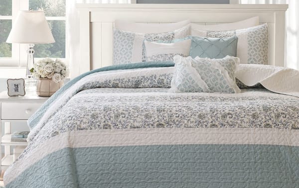 Jill Full/Queen Blue Vintage 6 Piece Coverlet Set with quilted cotton blend fabric, embroidered floral design, matching shams, and accent pillows in cottage style