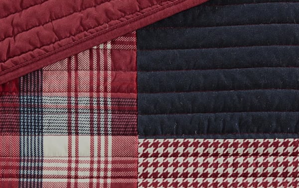 Suny King/California King 3 Piece Quilt Set in red cotton fabric with red, white, and blue plaid and houndstooth patterns, cottage style.