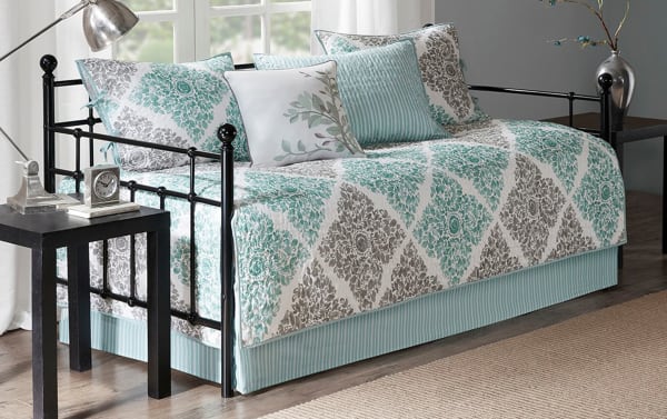 Hayak Daybed Aqua Damask 6 Piece Cover Set with aqua and gray damask cotton blend fabric, includes two shams, two accent pillows, bed skirt, and microfiber cover in transitional style.