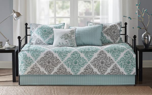 Hayak Daybed Aqua Damask 6 Piece Cover Set with aqua and gray damask cotton blend cover, matching shams, accent pillows, and striped bed skirt in transitional style.