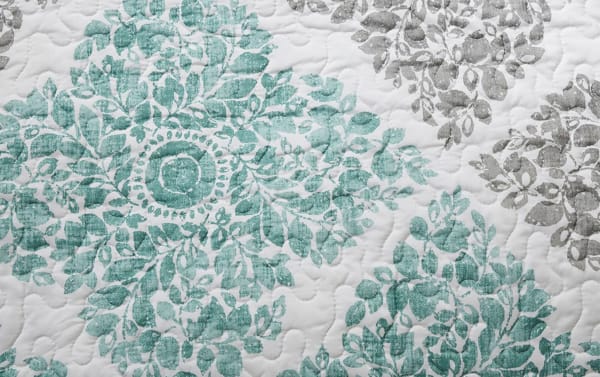 Transitional Hayak Daybed Aqua Damask 6 Piece Cover Set with aqua damask cotton-polyester fabric, including shams, accent pillows, bed skirt, and microfiber cover.
