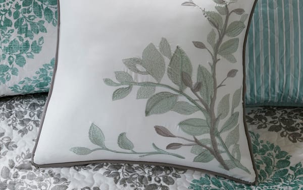 Hayak Daybed Aqua Damask 6 Piece Cover Set with aqua and gray embroidered cotton blend pillows, damask microfiber cover, and striped accent pillow in transitional style.