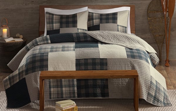 Suny Full/Queen Camel Plaid 3 Piece Quilt Set in tan cotton fabric with classic cottage-style plaid pattern, includes quilt and two shams.