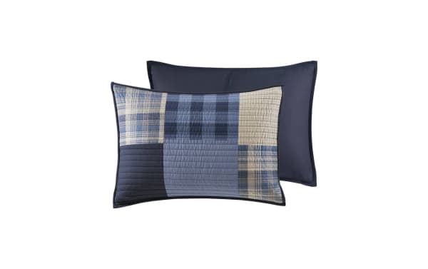 Suny King/California King Blue Plaid 3 Piece Quilt Set with cotton fabric, featuring rustic blue, navy, and taupe plaid quilt and matching shams.
