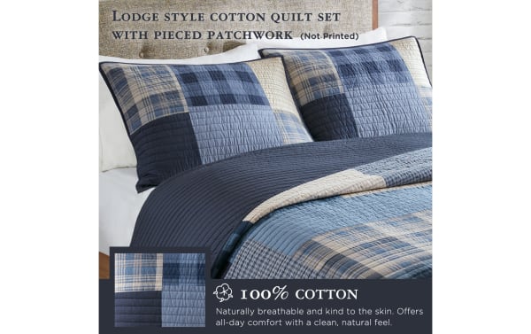 Suny Twin/Twin XL Blue Plaid 3 Piece Quilt Set with rustic cotton fabric in blue, navy, and taupe plaid pattern, includes quilt and two shams.