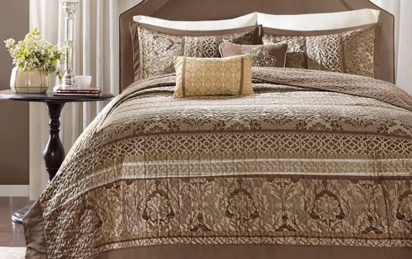 Taylor Queen Brown Stripes 5 Piece Bedspread Set with cotton microfiber fabric, traditional brown floral and geometric patterns, includes two shams, two accent pillows, and a gold-beige coverlet for a cozy, stylish bedroom.