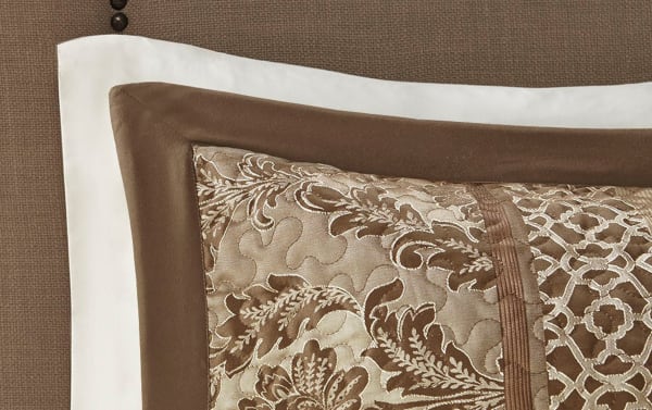 Traditional Taylor Queen Brown Stripes 5 Piece Bedspread Set with cotton microfiber fabric, brown tones, decorative stitching, and intricate floral patterns