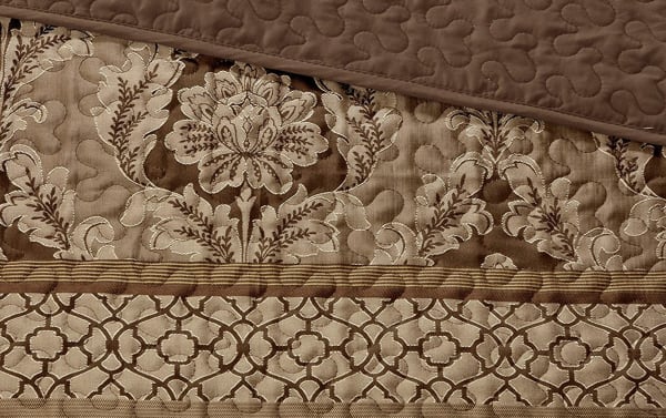 Taylor Queen Brown Stripes 5 Piece Bedspread Set in traditional style with brown cotton and microfiber fabric, featuring intricate floral and geometric patterns.