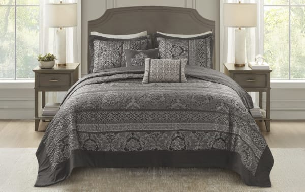 Taylor Queen Gray Stripes 5 Piece Bedspread Set with traditional gray and light gray polyester-cotton fabric, includes two accent pillows, two matching shams, and a patterned coverlet for a cozy, stylish bedroom.