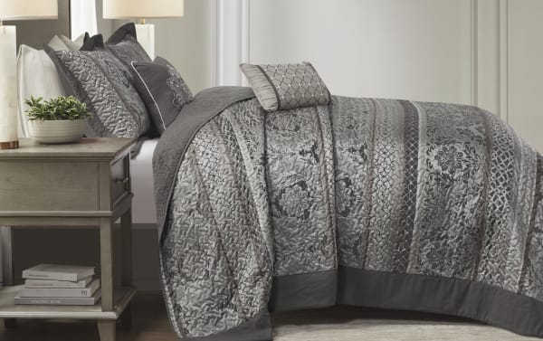 Taylor Queen Gray Stripes 5 Piece Bedspread Set in traditional style with gray and light gray polyester-cotton fabric, featuring quilted floral and geometric patterns, two accent pillows, and matching shams for a cozy, elegant bedroom look.