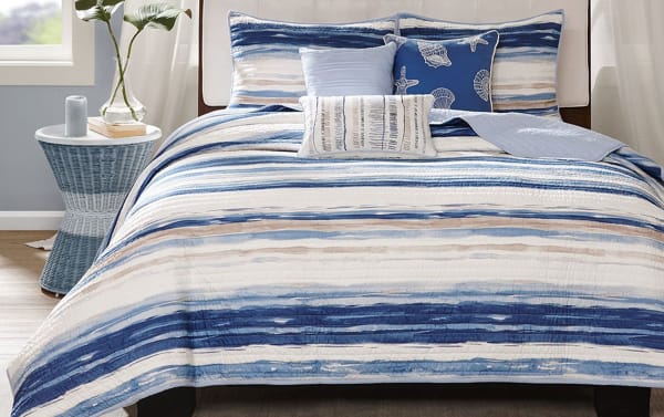 Lucas Full/Queen Blue 6 Piece Coverlet Set with blue, navy, taupe, and cream stripes, includes quilted pillows and shams, cotton and polyester blend, transitional style.