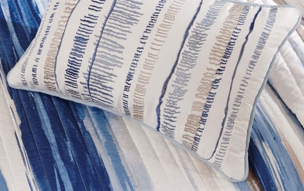 Lucas Full/Queen Blue 6 Piece Coverlet Set with blue, navy, taupe, and cream stripes in cotton and polyester fabric. Transitional coastal bedding.