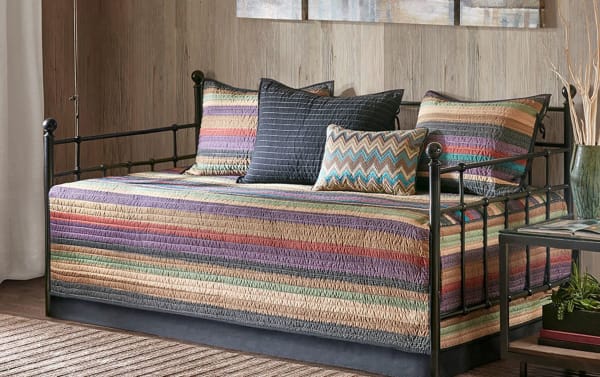 Tera Twin Multicolor Stripes 6 Piece Daybed Cover Set with cotton microfiber fabric, reversible striped quilt, matching shams, accent pillows, and bed skirt in cottage style.