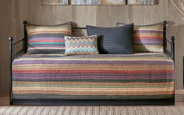 Tera Twin Multicolor Stripes 6 Piece Daybed Cover Set with cotton microfiber fabric, featuring multicolored cottage-style stripes, two matching shams, two accent pillows, and a bed skirt for a cozy, stylish bedroom.