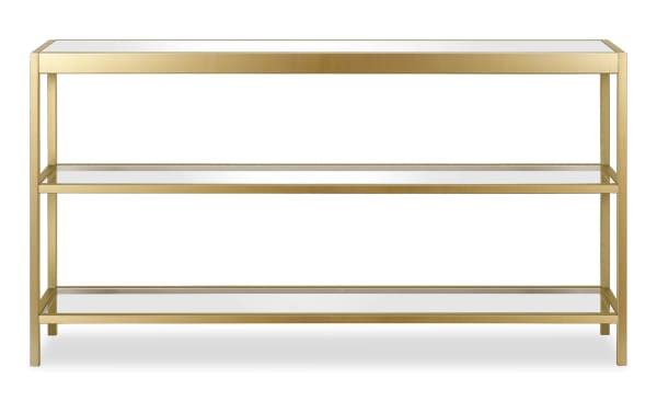 Alexa 55" Brass Console Table with gold metal frame and tempered glass top and shelves, contemporary style for entryway or living room storage and display.