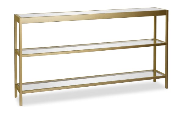 Alexa 55" Brass Console Table with gold metal frame and tempered glass top and shelves, contemporary style for entryway or living room.
