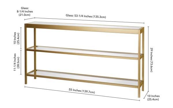 Alexa 55" Brass Console Table with gold metal frame, tempered glass top and shelves, contemporary style, open design for decor and storage.