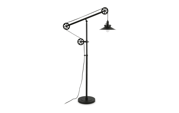 Simon 70'' Blackened Bronze Adjustable Floor Lamp in black metal with industrial pulley system, wide brim shade, and transitional style design.