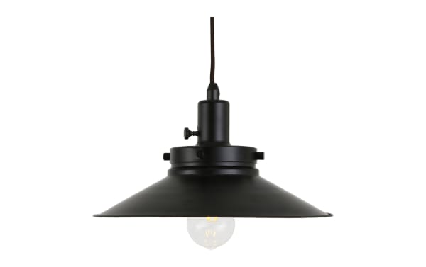 Blackened bronze transitional metal pendant lamp with wide conical shade and adjustable height pulley system, industrial style lighting.