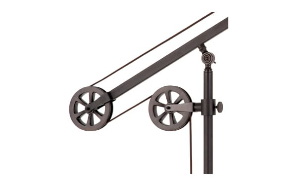 Blackened bronze metal pulley system with dual wheels on the Simon 70'' Adjustable Floor Lamp, showcasing its industrial transitional style.