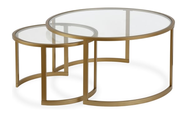 Set of 2 Adam Brass Round Nesting Coffee Tables with gold steel frames and tempered glass tops, featuring contemporary circle and semi-circle design.