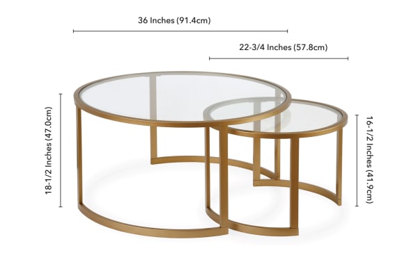 Adam Brass Round Nesting Coffee Table Set of 2 with gold steel frames and tempered glass tops, featuring contemporary circle and semi-circle design, 36" and 22-3/4" diameters, 18-1/2" and 16-1/2" heights.