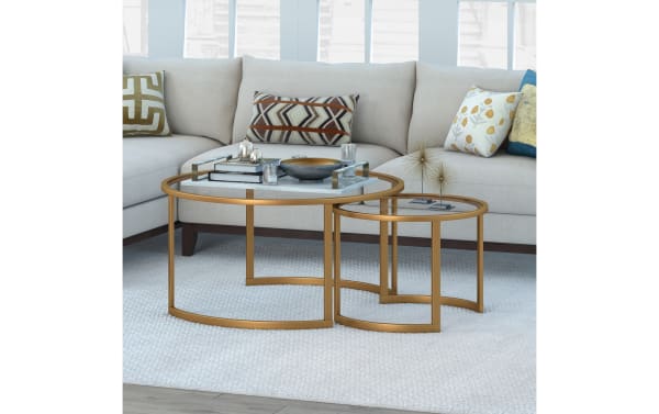 Contemporary Adam Brass Round Nesting Coffee Table set with gold steel frames and tempered glass tops, featuring circle and semi-circle shapes for versatile modern style.