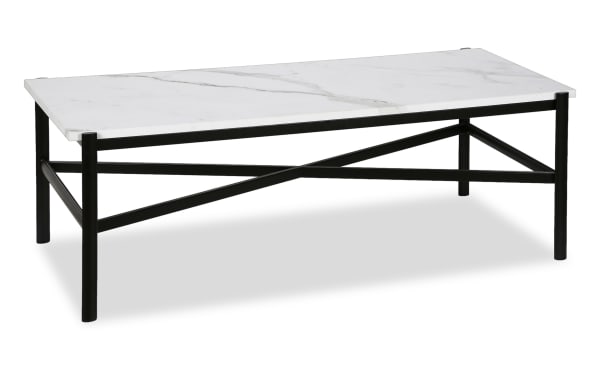 Anora Black Coffee Table with a contemporary black metal frame and faux marble top, featuring a geometric X-shaped base for stylish living room decor.