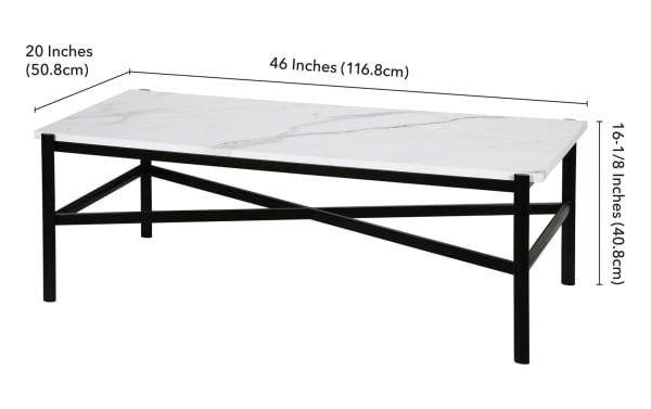 Anora Black Coffee Table with a 46-inch faux marble top and black metal frame featuring a geometric X-shaped base, contemporary style.