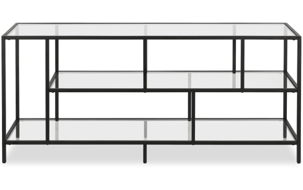 Prest 55'' Blackened Bronze TV Stand with black steel frame and tempered glass top and shelves, transitional style with open multi-level storage.