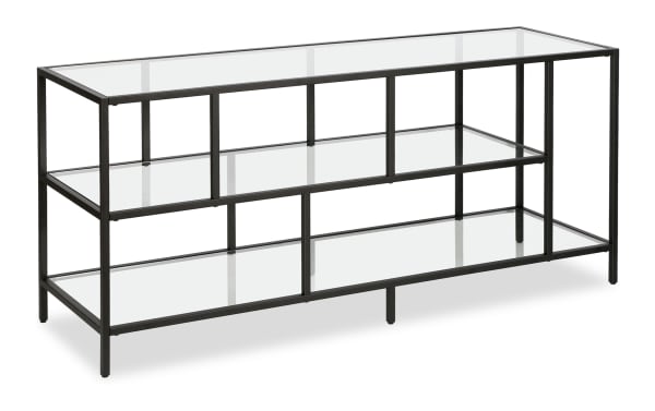 Prest 55'' Blackened Bronze TV Stand with handcrafted steel frame and tempered glass shelves, transitional style, open multi-level storage.