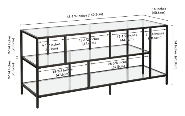 Prest 55'' Blackened Bronze TV Stand with tempered glass shelves and steel frame, transitional style, open multi-height shelving for media and decor.