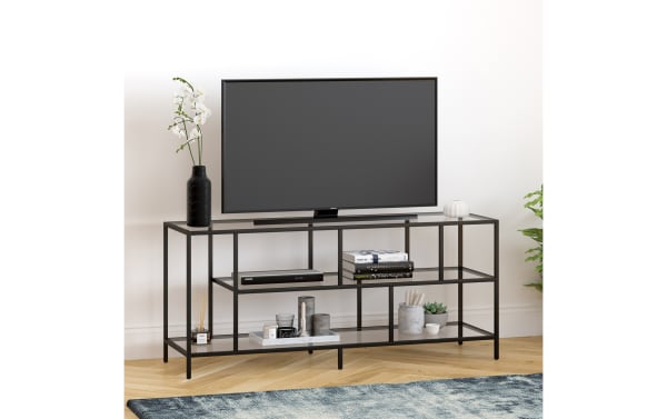 Prest 55'' Blackened Bronze TV Stand with tempered glass shelves and handcrafted steel frame, transitional style, open shelving for media and decor.